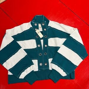 ANTHROPOLOGIE PILCRO TEAL AND WHITE STRIPED PULLOVER LONG SLEEVE GROMMETS